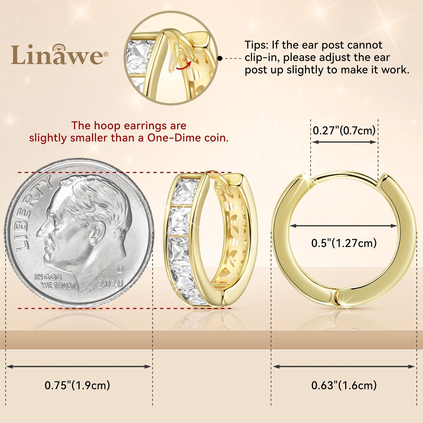 Linawe Moissanite Earrings, Gold Hoop Stud Earrings for Women Trendy, Cubic Zirconia Tragus Piercing Huggie Earrings, Helix Small Hoop Cartilage Earrings, Mini Chunky Tiny