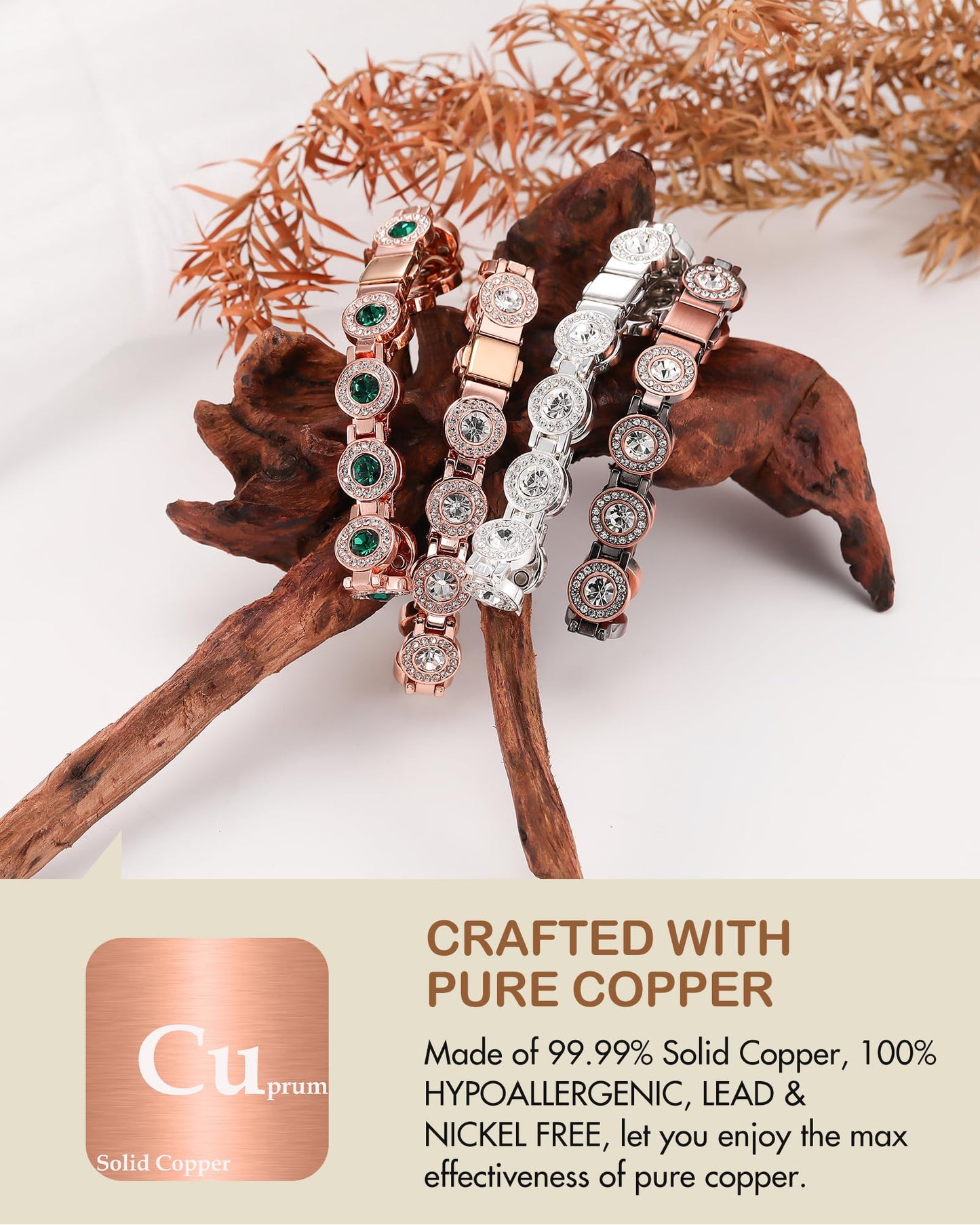 Feraco Pure Copper Bracelets for Women, 4X Ultra Strength Magnetic Bracelet with 3800 Gauss Neodymium Magnets & Sparkling Austrian Cut Emerald Crystals, Adjustable Jewelry Gift