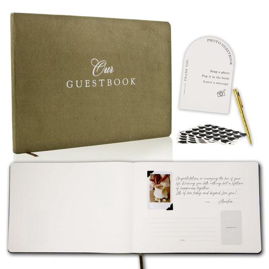 Modern Album Designs Our Wedding Photo Guest Book Set - Sign, Photo Corner Stickers Pen, Box, Layout Pages for Instant Photos Photo Booth Weddings Bridal Showers Engagement Events (Olive)