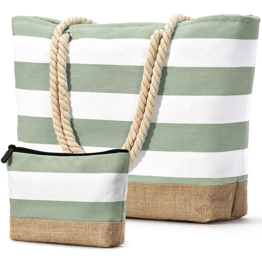 Becokan Beach Bag Initial Beach Tote with Makeup Bag for Travel, Work, Storage Personalized Birthday Gifts for Women Her (Plain, Light Green)