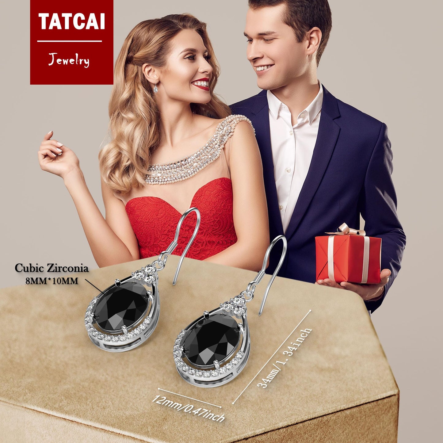 18K White Gold Plated Sterling Silver Oval Cut Cubic Zirconia Drop Dangle Earrings for Women Hypoallergenic Statement Earrings Gifts for Women Mom (Black)