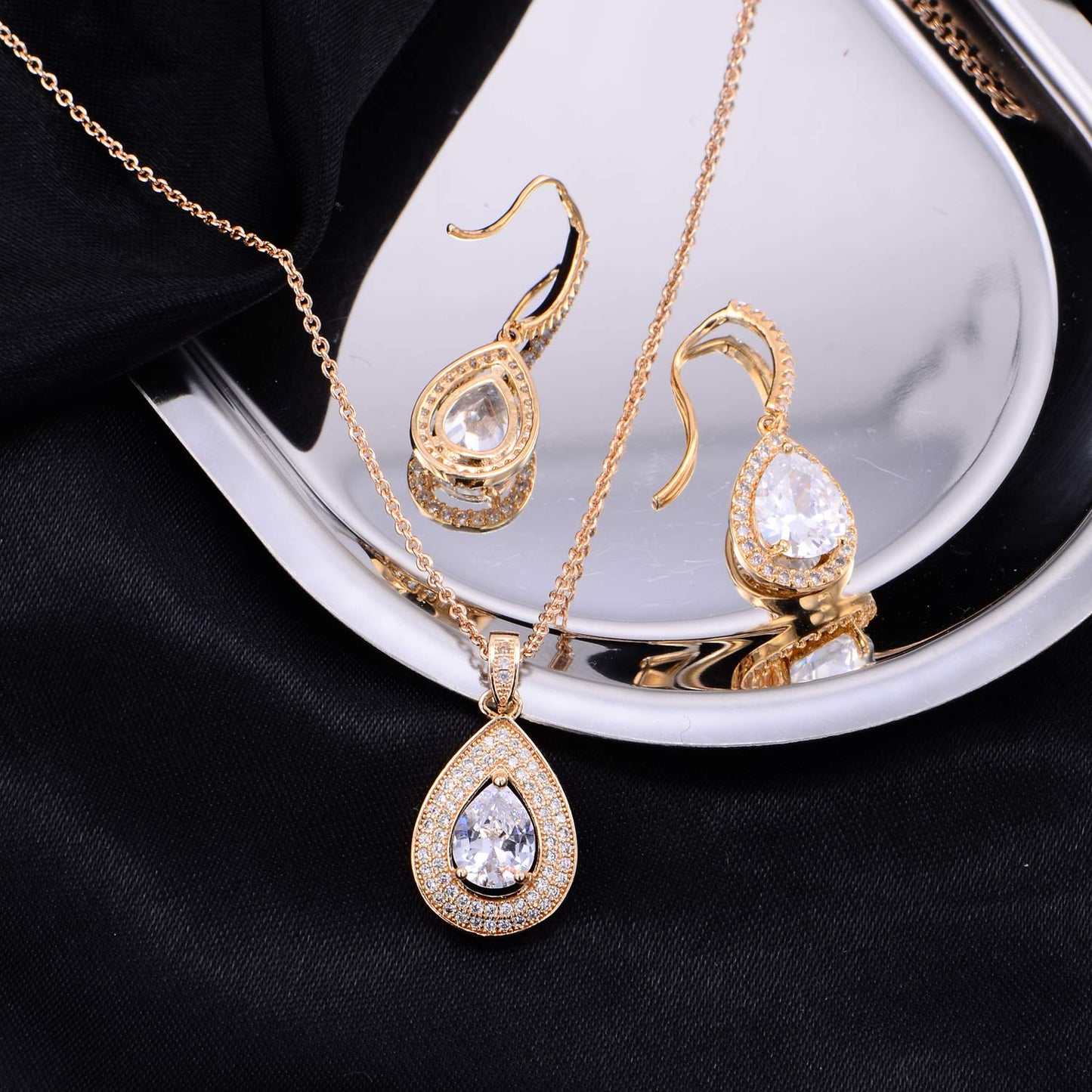 Mycitta Bridal Jewelry Set for Wedding - 18k Gold Plated Teardrop Cubic Zirconia Crystal CZ Drop Earrings Pendant Necklace Set for Bride Bridesmaids Prom Party Formal Jewelry Set Women