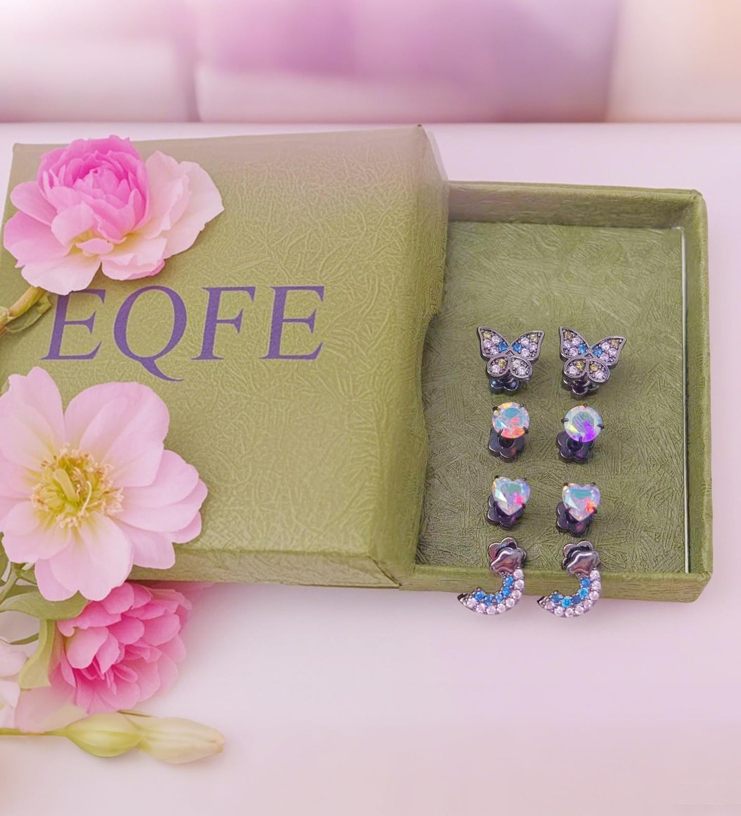 EQFE 4Pairs Hypoallergenic Earrings for Women 14K Gold Flat Back Earrings 20G Screw Back Cartilage Earring for Sensitive Skin CZ Heart Butterfly 316L Stainless Steel Stud Earrings