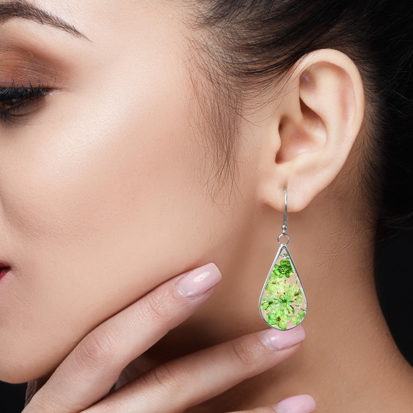 925 Sterling Silver Pressed Flower Teardrop Earrings,Hypoallergenic Women's Jewelry Gift for Mom and Wife,Handmade Natural Dried Flower Teardrop Earrings Jewelry Gift