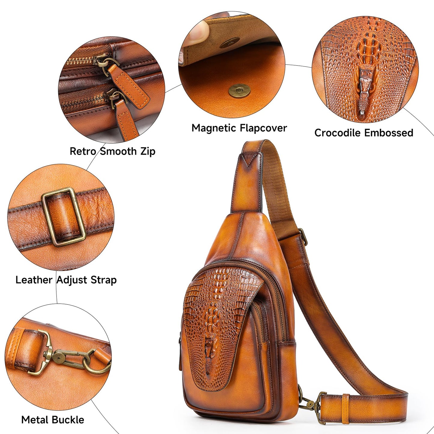 NIUCUNZH Genuine Leather Sling Bag Crocodile Flap Crossbody Purse Shoulder Bag for Travel Everyday Carry Brown