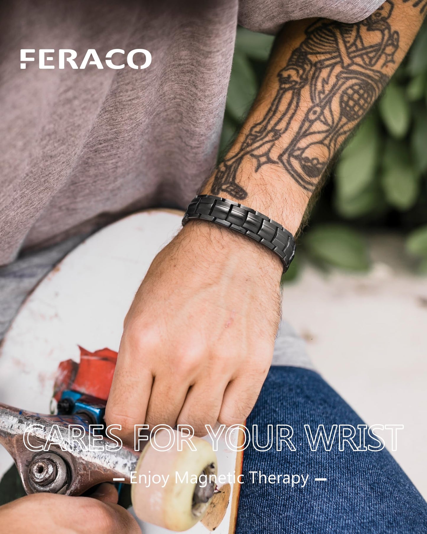 Feraco Magnetic Therapy Bracelet for Men,Titanium Steel Bracelet with 5X Strength Magnets,Premium Fold-Over Clasp (Gray)