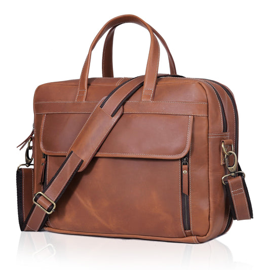 HLC 18 Inch Full Grain Leather Briefcase messenger shoulder bags for men and women (tan, 16 inch)