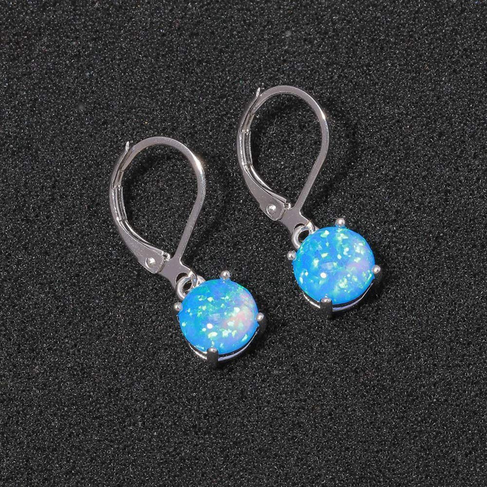 CiNily Round-Cut Opal Dangle Earrings, Blue Fire Opal Rhodium Plated Women Jewelry Leverback Gemstone Drop Earrings