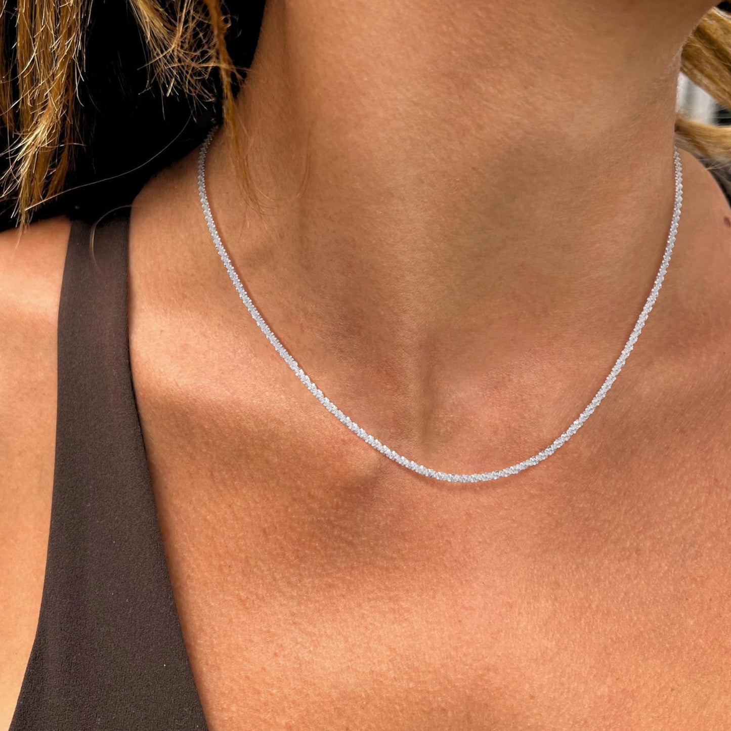 Freekiss 925 Sterling Silver Chain Choker Necklace for Women Trendy 16+2 Inch Adjustable Dainty Layered Sparkle Glitter Chain Necklace Simple Minimalism Fashion Silver Jewelry Gift 2.5mm