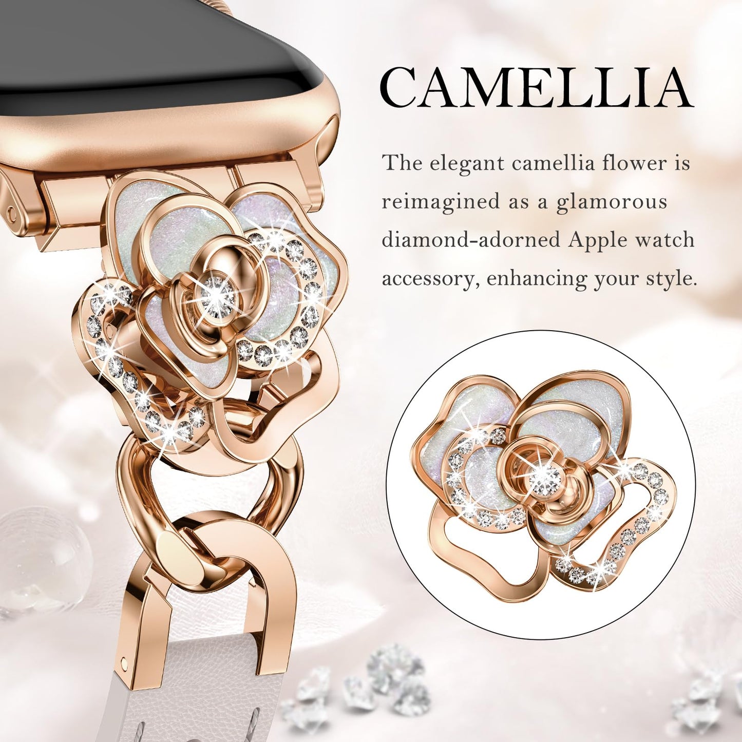Minyee Compatible with Apple Watch Band 42/44/45/46/49mm Women, Dressy Elegant Leather Metal Chain Strap with Camellia Charms for iWatch Series 11 10 9 8 7 6 5 4 SE/Ultra 3 2 1, Starlight/Rose Gold