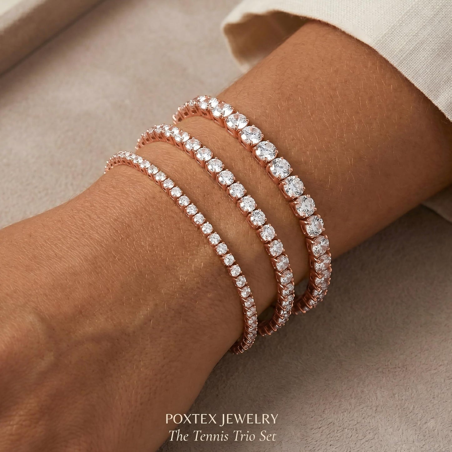Poxtex Rose Gold Tennis Bracelet for Women Stack, Trendy Rose Gold Classic Bracelets Jewelry Set, Women Fashion Accessories for Watch Band