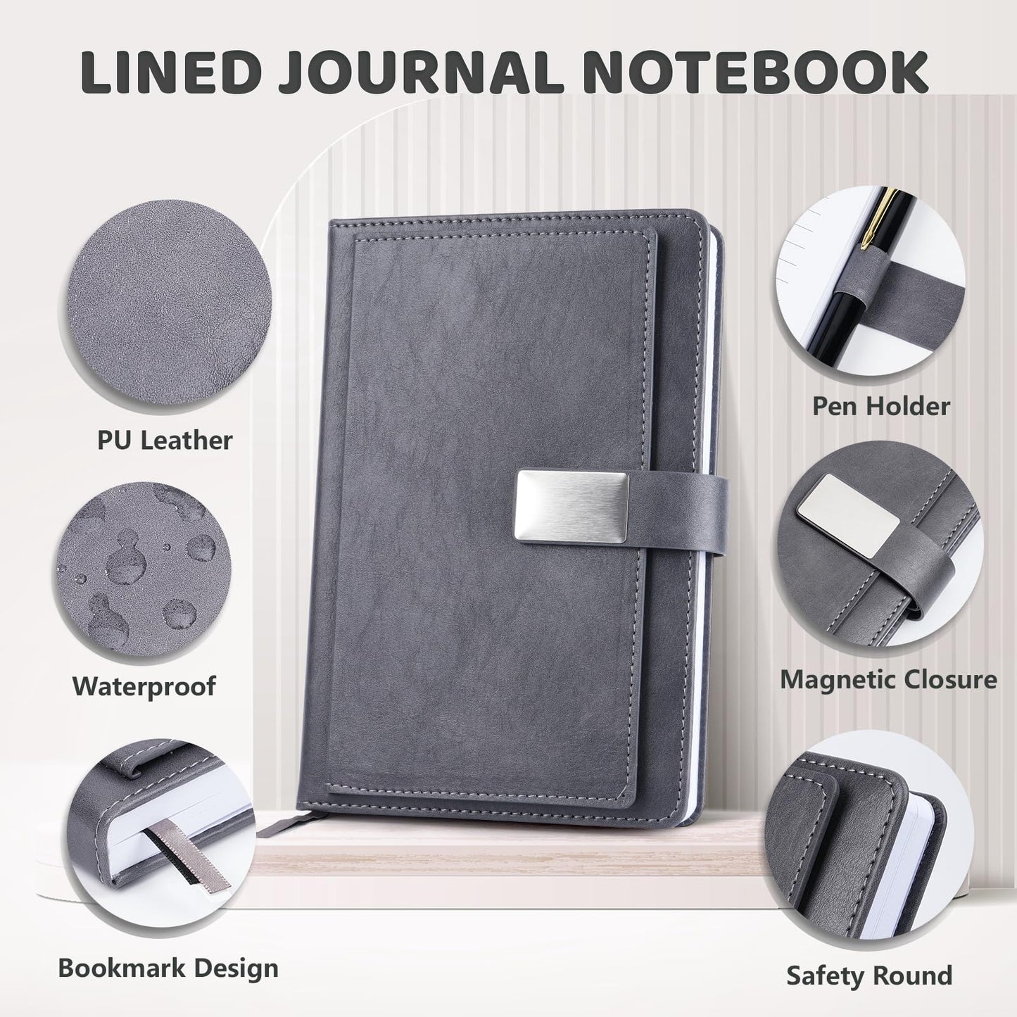 Executive Lined Journal Notebook, 256 Pages, College Ruled, A5 Hard Cover Leather, Pen included, with Notes Pocket; Journaling Notebooks for Work, Notes Taking, Personalized Gifts, Gray