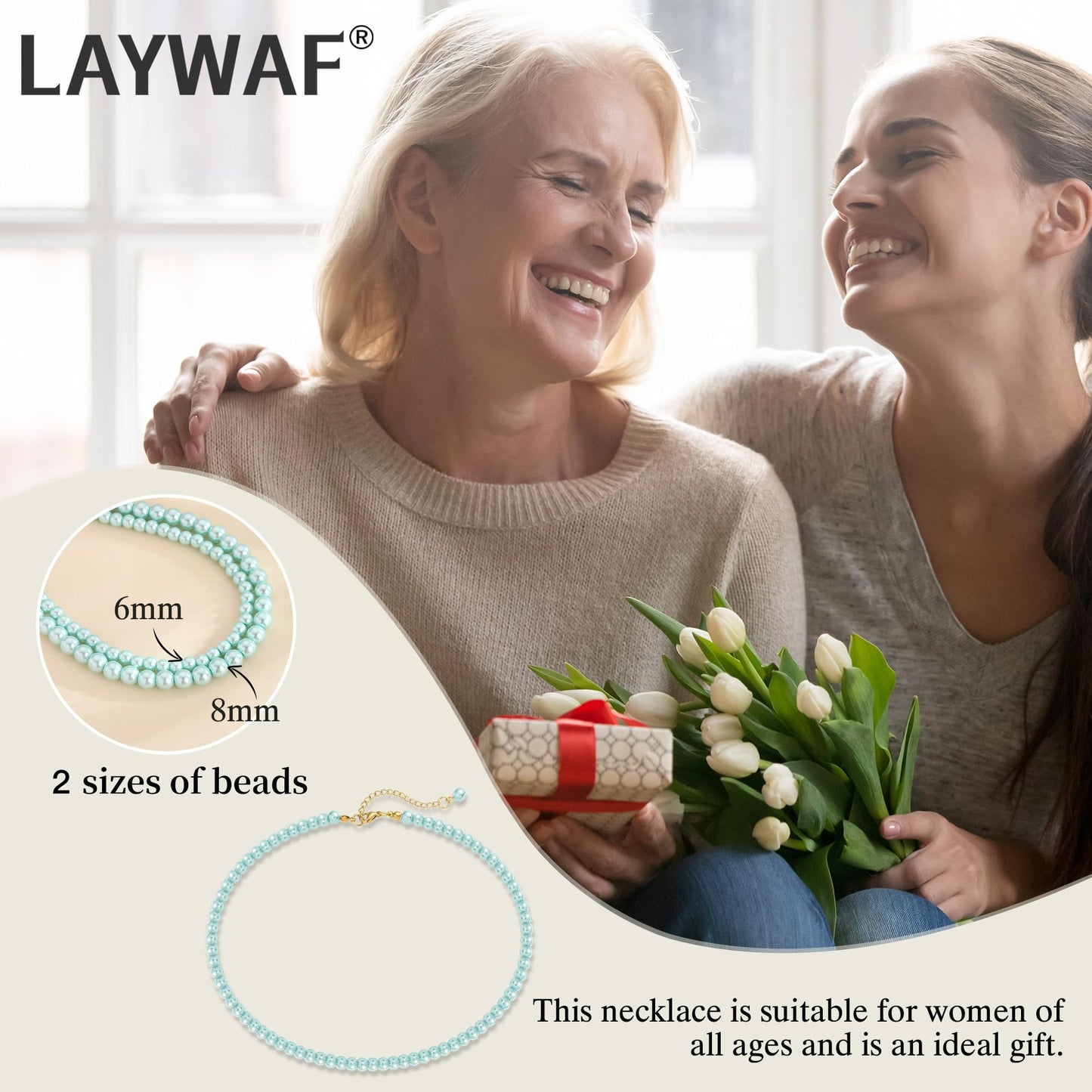 LAYWAF Imitation Pearl Necklace for Women, 6MM Blue Beaded Necklace, Fake Pearl Choker Mom Necklace, Simple Dainty Costume Pearl Jewelry, Faux Pearl Accessories for Wedding Bride