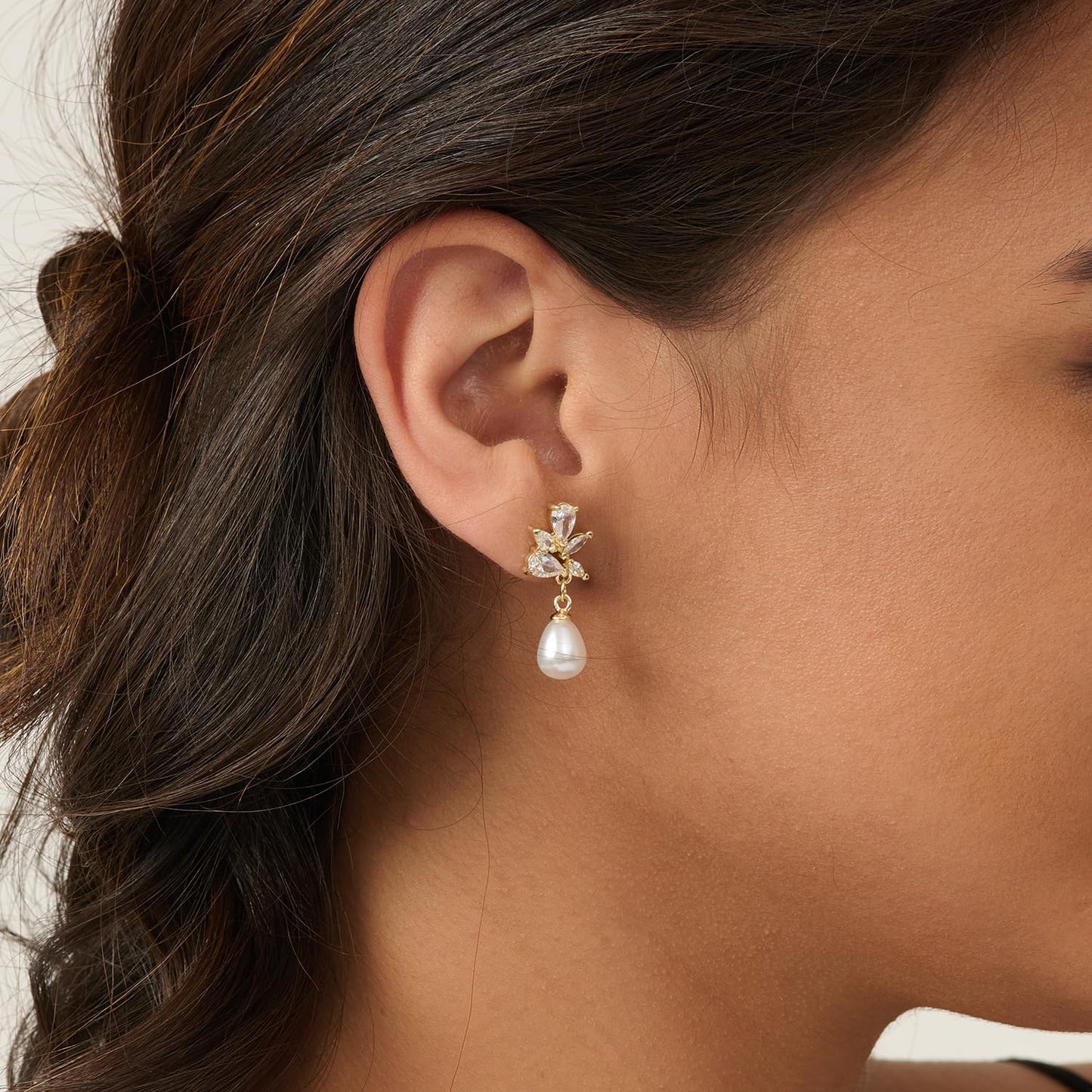 PRTGL Pearl Earrings: 14k Gold-plated Cubic Zirconia Accented Teardrop Pearl Drop Wedding Engagement Earrings For Women Bridal Bridesmaid (Leaf Designed)