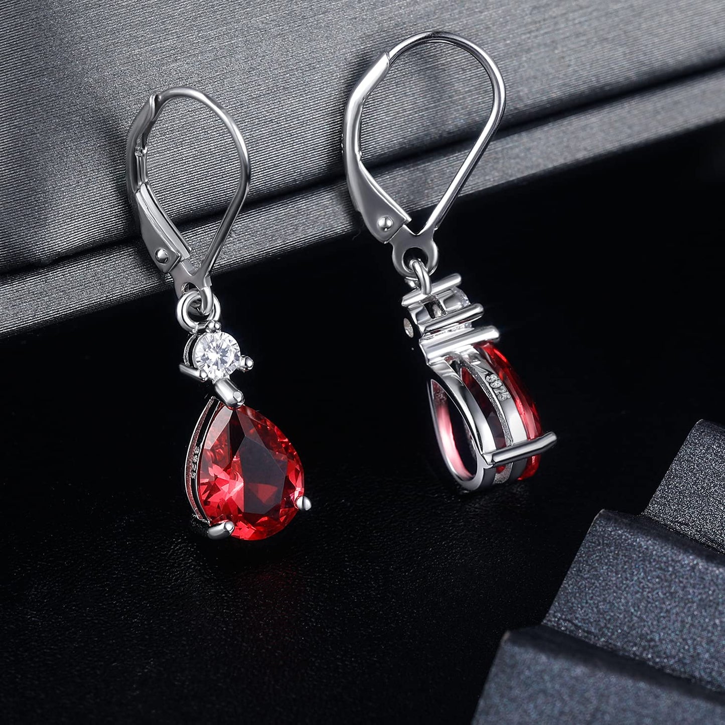 925 Sterling Silver Red CZ Teardrop Earrings Drop Dangly Earring Leverback Hypoallergenic Jewelry for Women wife