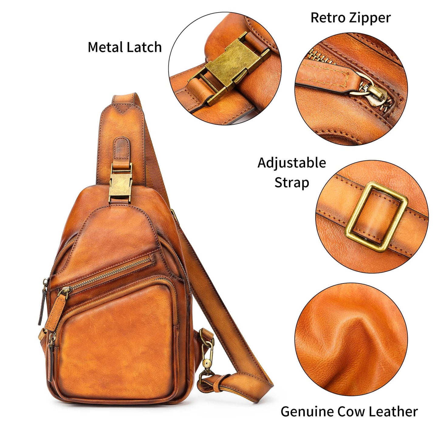 NIUCUNZH Genuine Leather Sling Bag Front Metal-Latch Crossbody Bags Handmade Vintage Chest Shoulder Backpack for Women Men Brown