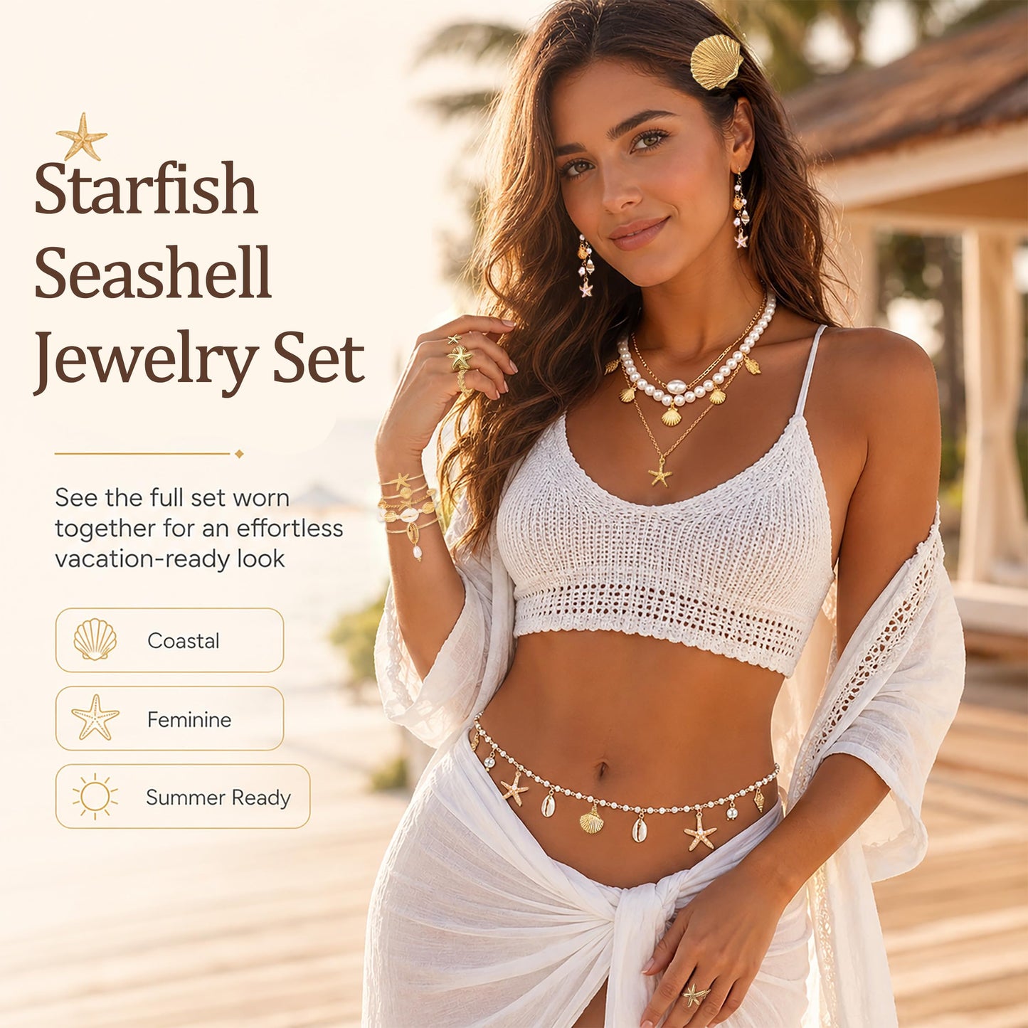 Womylufy 23 Pcs Pearl Mermaid Beach Jewelry for Women, Seashell Starfish Layered Necklace Earrings Bracelets Rings Anklets Waist Chain Hair Clips Set, Summer Vacation Boho Accessories