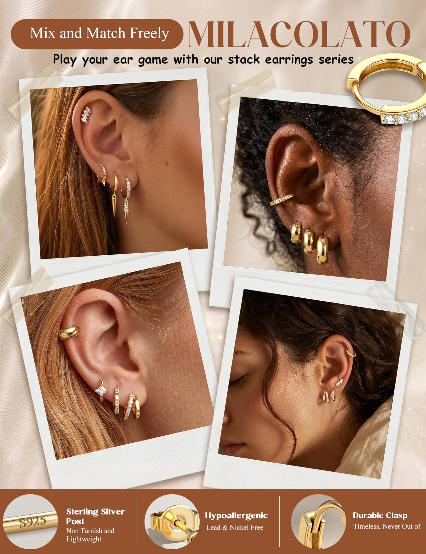 MILACOLATO 3Pairs Small Hoop Earrings Set for Women Trendy 14K Gold Filled Sterling Silver Post Hoop Earring Hypoallergenic Huggie Hoop Earrings Stacks for Multiple Piercing Lightweight