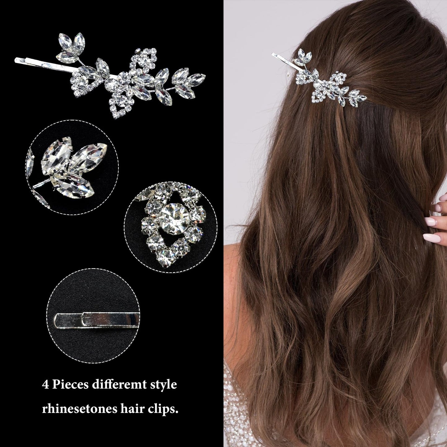 Mulzile 4 Pieces Rhinestone Hair Clips Leaf Wedding Hair Pins Crystal Bobby Pins Silver Bridal Hairpin Barrette for Brides Bridesmaids Flower Girls