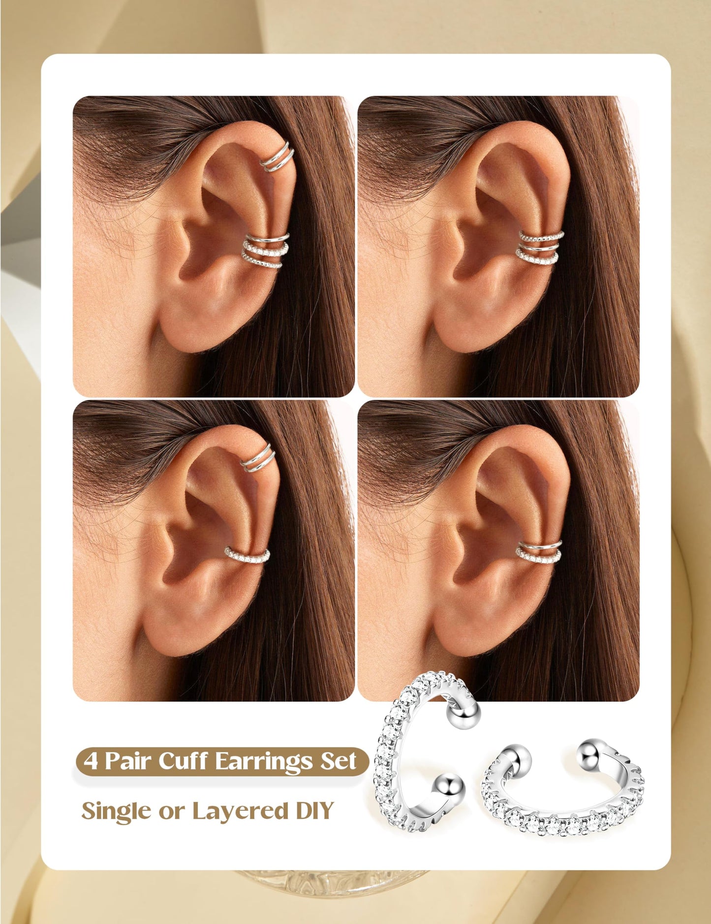 LOLIAS 4 Pairs Ear Cuffs Non Piercing - Silver Plated Ear Cuff Earrings for Women Ear Cuff for Non Pierced Ears Clip on Cartilage Earring Dainty Adjustable Fake Earrings Set