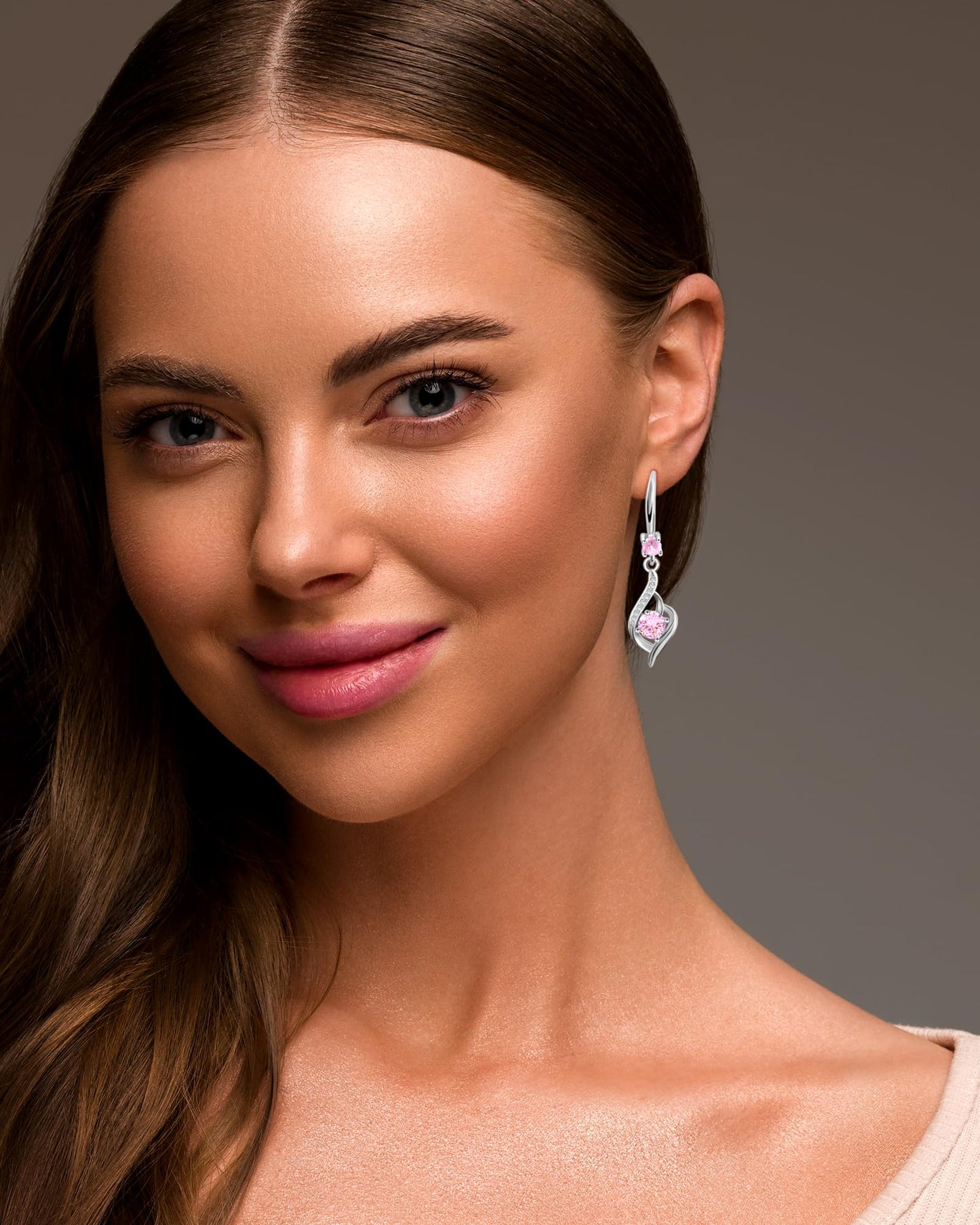 Heart Pink Drop Dangle Earrings-925 Sterling Silver with Pink Crystals-Long Birthstone Jewellery for Women