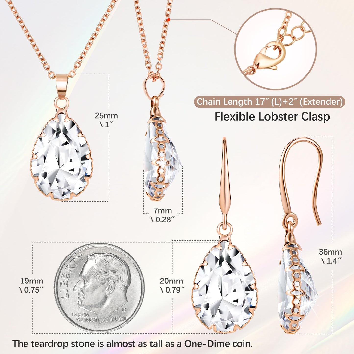 Linawe Rose Gold Wedding Jewelry Sets for Brides Bridesmaid, Crystal Imitation Diamond Pendant Necklace Set, Rhinestone Drop Dangle Earring Set, Cubic Zirconia Birthstone Teardrop Matching Jewelry