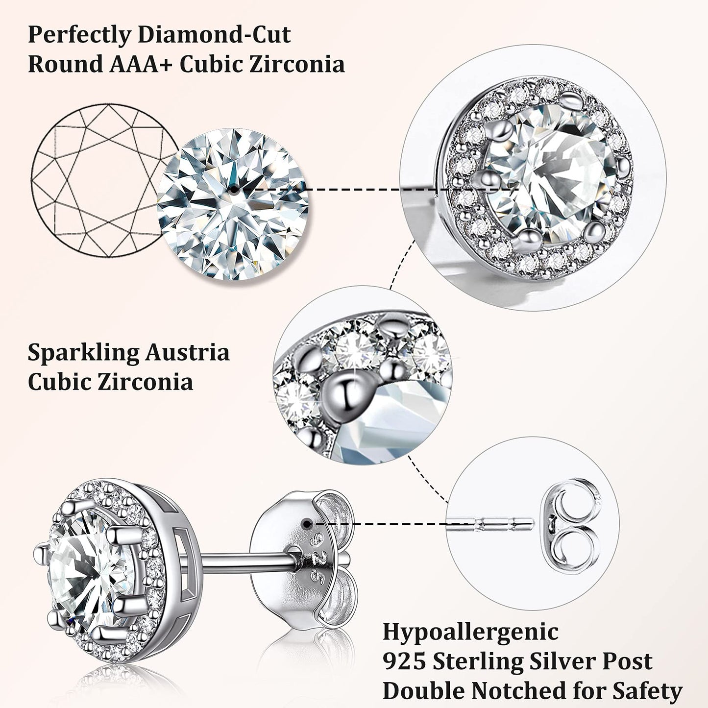 Bestyle 925 Sterling Silver Round Cut Birthstone Stud Earrings for Women, April White Diamond Stud Earrings with Love and Purity, Best Women Earrings for Everyday Wear