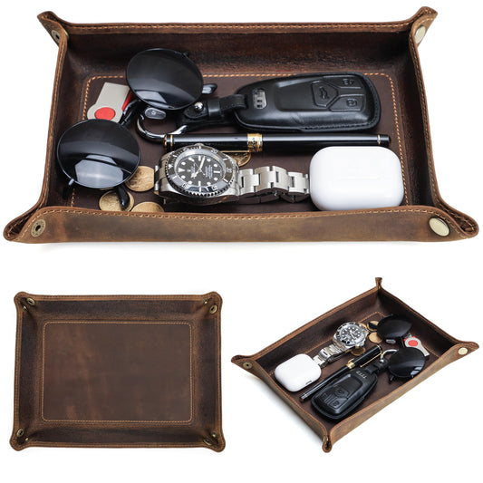 Top Grain Leather Desk Valet Tray Organizer for Man & Woman, Vintage Handmade, Foldable Flat Basket with Snap Buttons, Desk Catchall Holder for Wallet/Watches/Keys/Coins/Office Supplies, Coffee, Large