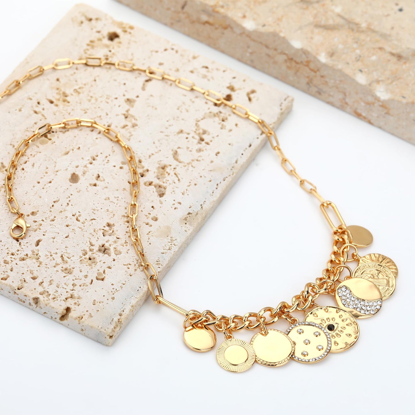 MISS RIGHT Charm Necklace for Women Dainty Gold Evil Eye Coin Lucky Vintage Paperclip Chain Sun Moon Disc Chunky Charm Pendant Necklace Jewelry Gifts COINS