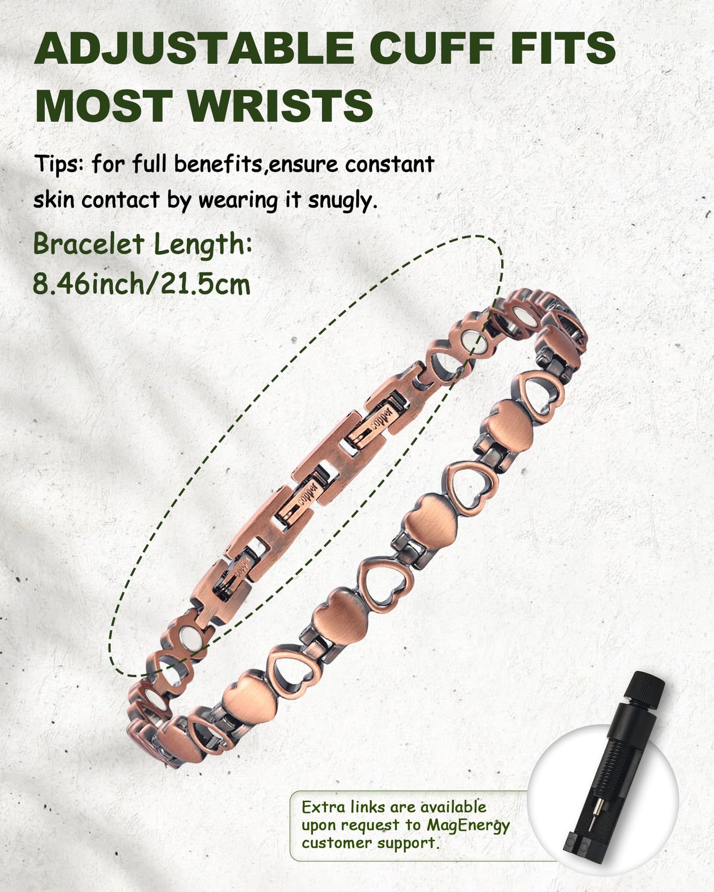 MagEnergy Copper Bracelets for Women, 99.99% Pure Copper Magnetic Bracelets with 3500 Gauss Magnets, Adjustable, Jewelry Gift