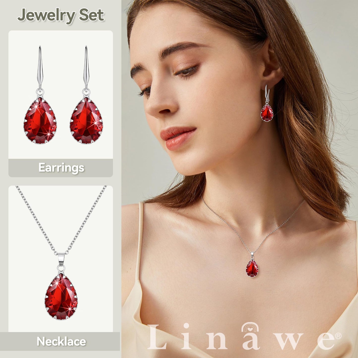 Linawe Garnet Imitation Diamond Pendant Necklace Set, Boho Ruby Crystal Wedding Jewelry Sets for Women, Silver Drop Dangle Red Earring Set, Teardrop Rhinestone Birthstone Matching Jewelry