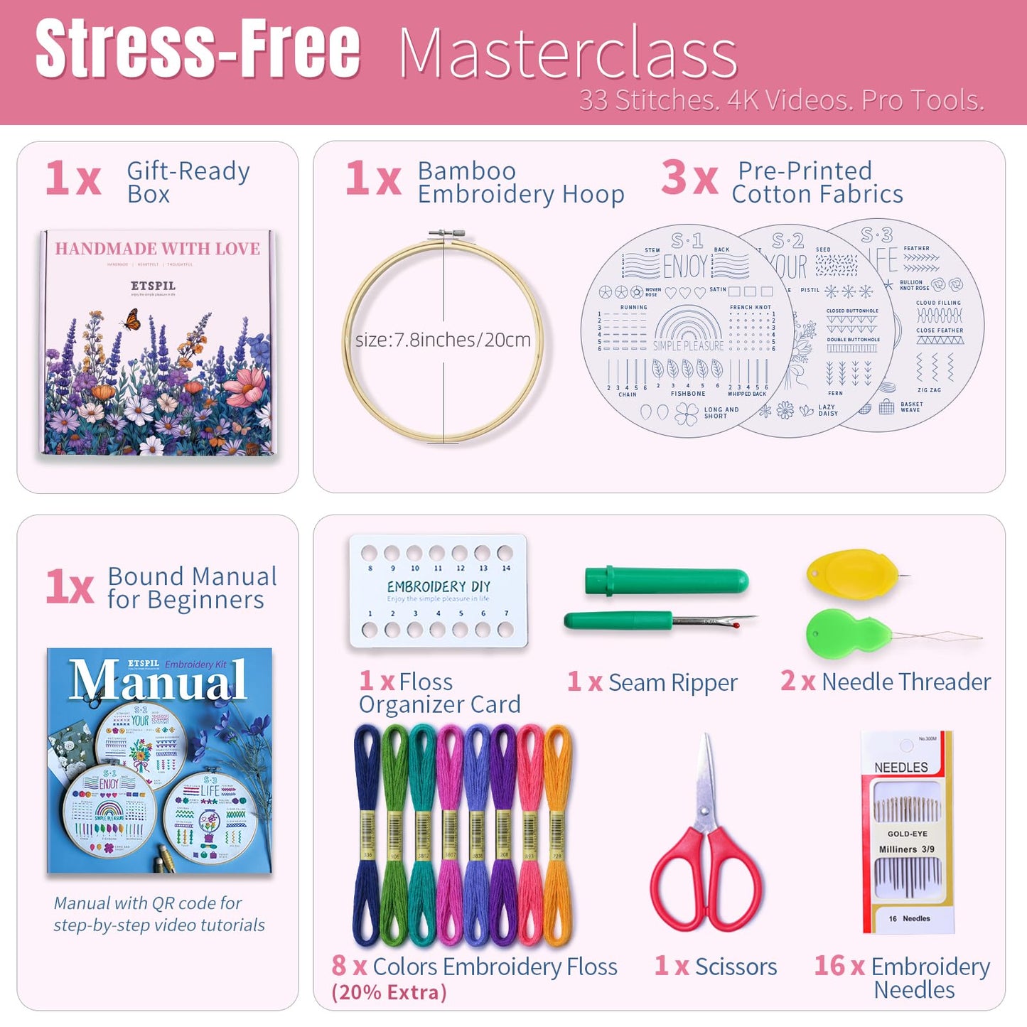 ETSPIL Embroidery Starter Kit for Adults, 3 Simple Patterns to Master 33 Stitches, Easy Step-by-Step 4K HD Video Tutorials & Bound Guide, DIY Craft Gift for Teens