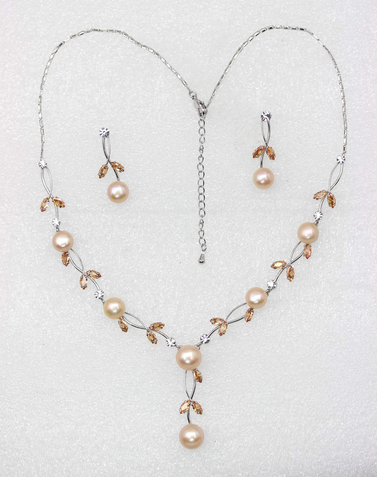 Faship Champagne Brown CZ Crystal Pink Genuine Freshwater Pearls Floral Necklace Earrings Set - Brown/Silver-Tone