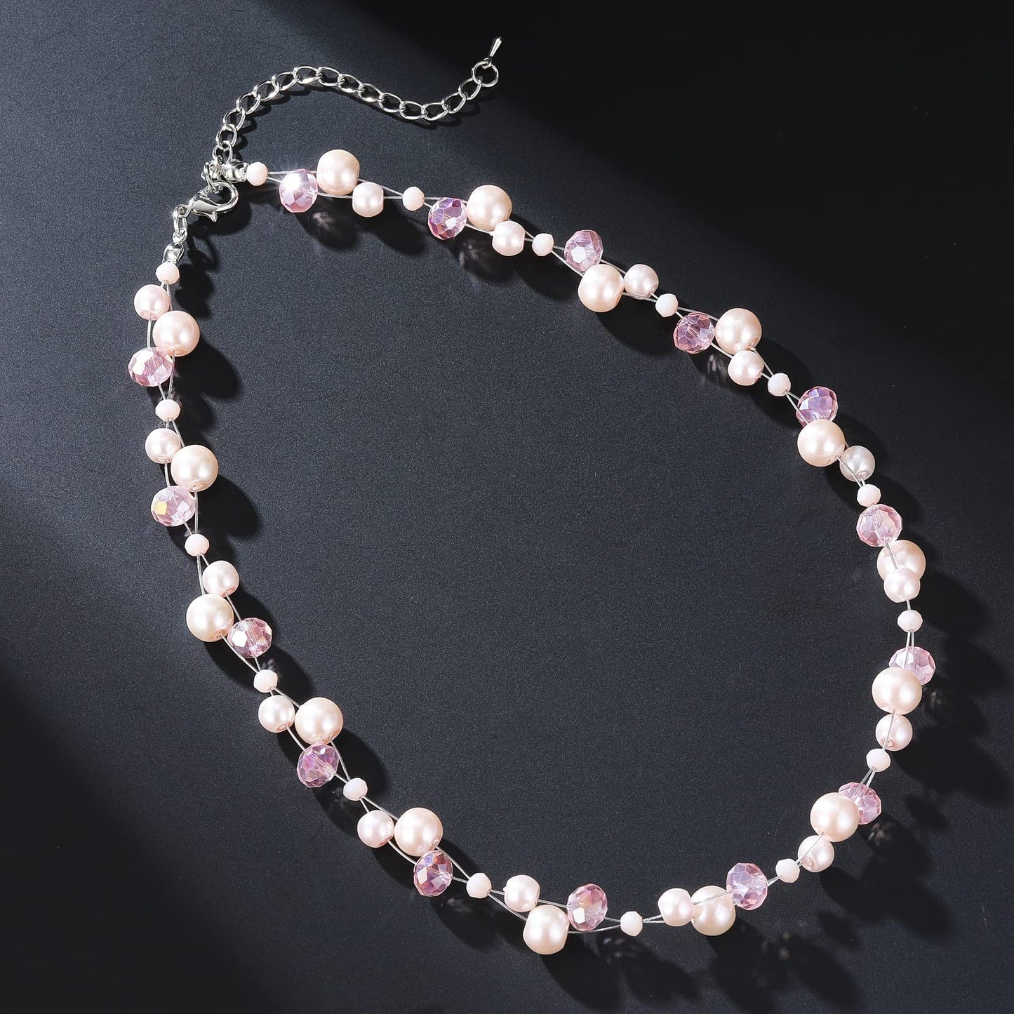 Short Beaded Turquoise Necklace For Women - Fashion Jewelry with Pearl and Crystal Bead, Birthday Gifts For Women (27-light pink)