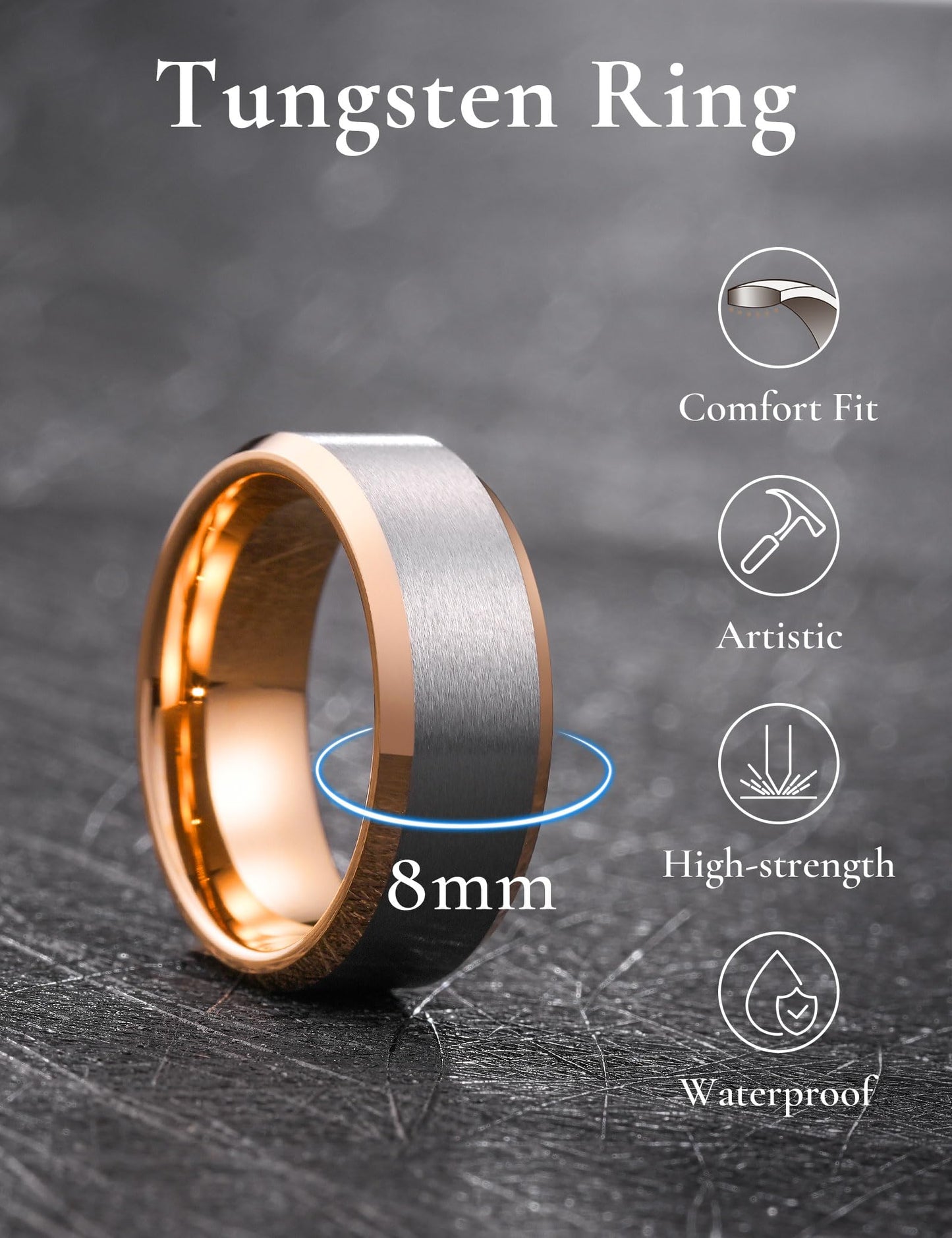 King Will 8mm Classic Tungsten Rings for Men Two-Tone Mens Wedding Bands Simple Engagement Promise Ring Matte Brushed Beveled Edges Comfit Fit Durable, Silver & Rose Gold Plated Size 9