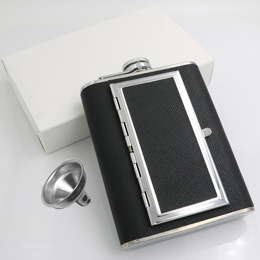 CNFLASK 6oz/180ml Black Leather Wrapped Hip Flask with Built-in Cigarette Case & Funnel