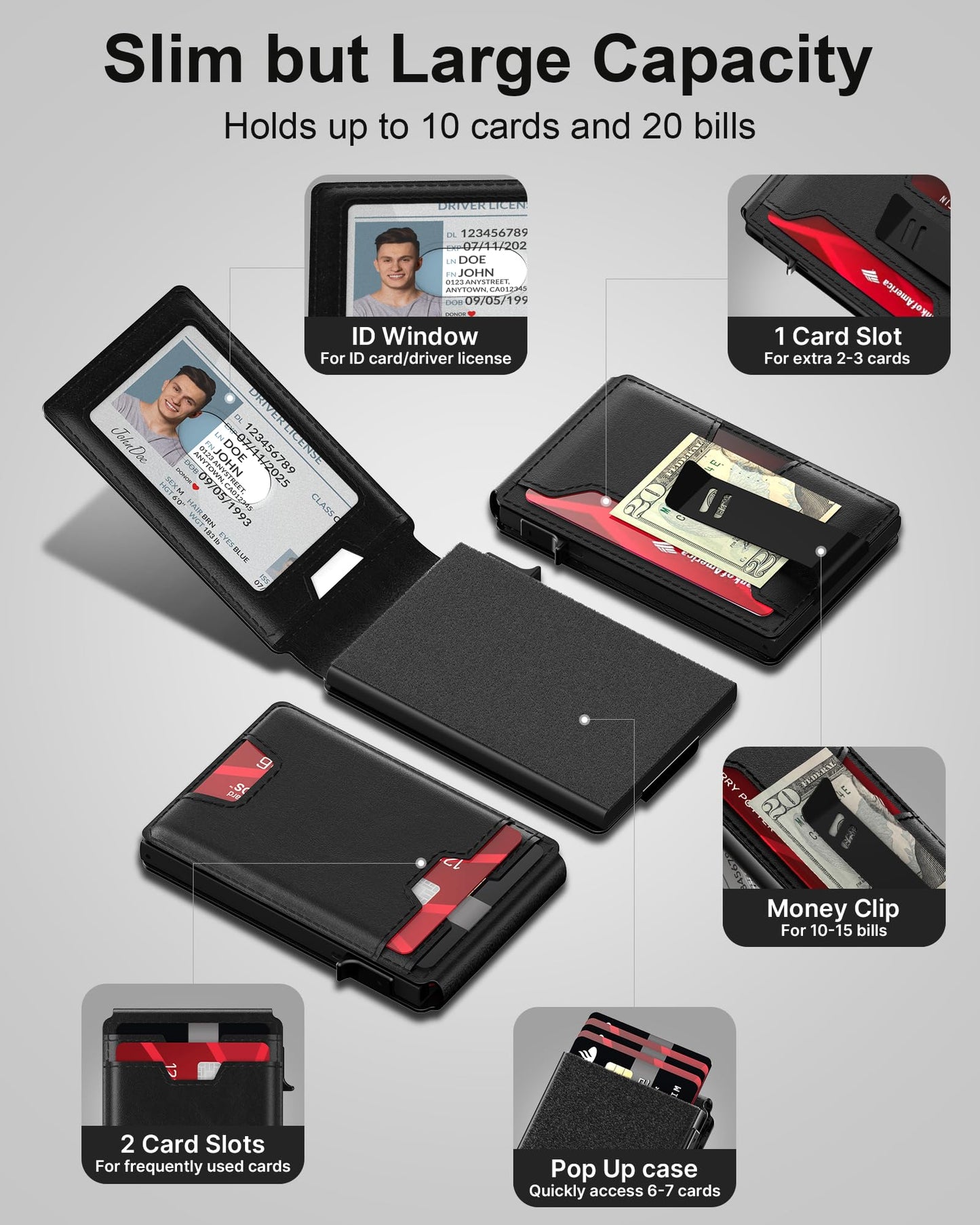typecase Mens Wallet Card Holder: Pop Up Card Case, Genuine Leather, Smart, RFID Blocking, Slim, Minimalist, Thin, Front Pocket - 9-13 Card Capacitiy | ID Window | Money Clip (Black)