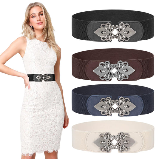 LEACOOLKEY 4 Pack Women Wide Elastic Waist Belt for Dress Plus Size Vintage Stretch Belt Retro Buckle 2.36" Width
