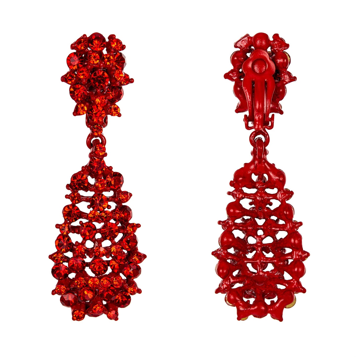 EVER FAITH Women's Costume Jewelry Crystal Floral Behimia Hollow Teardrop Dangle Clip-on Earrings Red Red-Tone