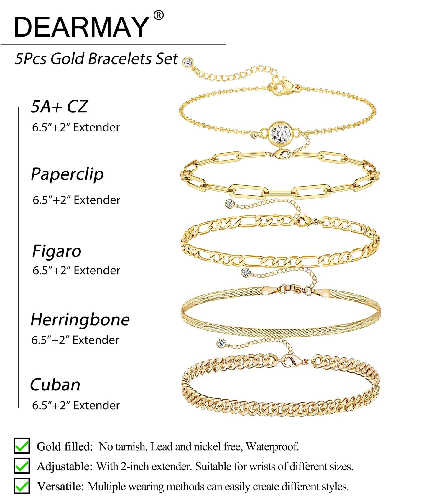 DEARMAY Gold Plated Bracelets for Women, 14K Real Gold Jewelry Set Cuban Link Beaded Chain Bracelets Figaro Paperclip Rope Herringbone CZ Bracelet Pack Gifts