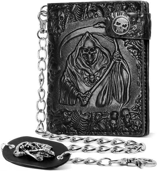 ZEKEE Skull Gothic Chain Wallet Leather - Punk Bifold Halloween Goth Accessories | Unisex, Black