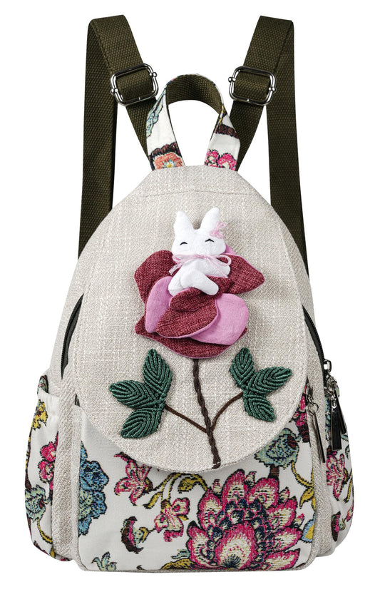 Qalmea Small Backpack for Women，Hippie Backpack Handmade Canvas Bags Casual Mini Handbag（Rabbit Pattern）