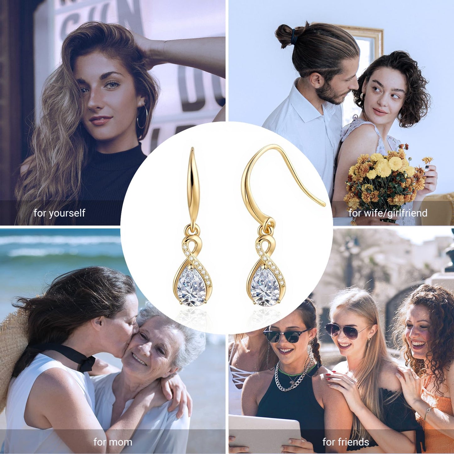Infinity Birthstone Earrings 18K Gold Plated 925 Sterling Silver Teardrop Infinity Drop Dangle Earrings Created Diamond Jewelry Birthday Gifts for Women Her Mother Wife