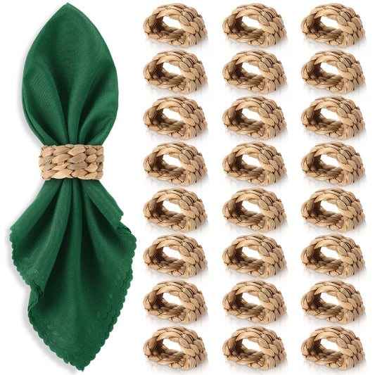 LemonRoad 24 Pcs Wedding Woven Napkin Rings Farmhouse Rustic Boho Napkins Ring Water Hyacinth Napkin Holder Handmade Buckle Rings for Farmhouse Table Decor Harvest Banquet (Wood Color Woven)