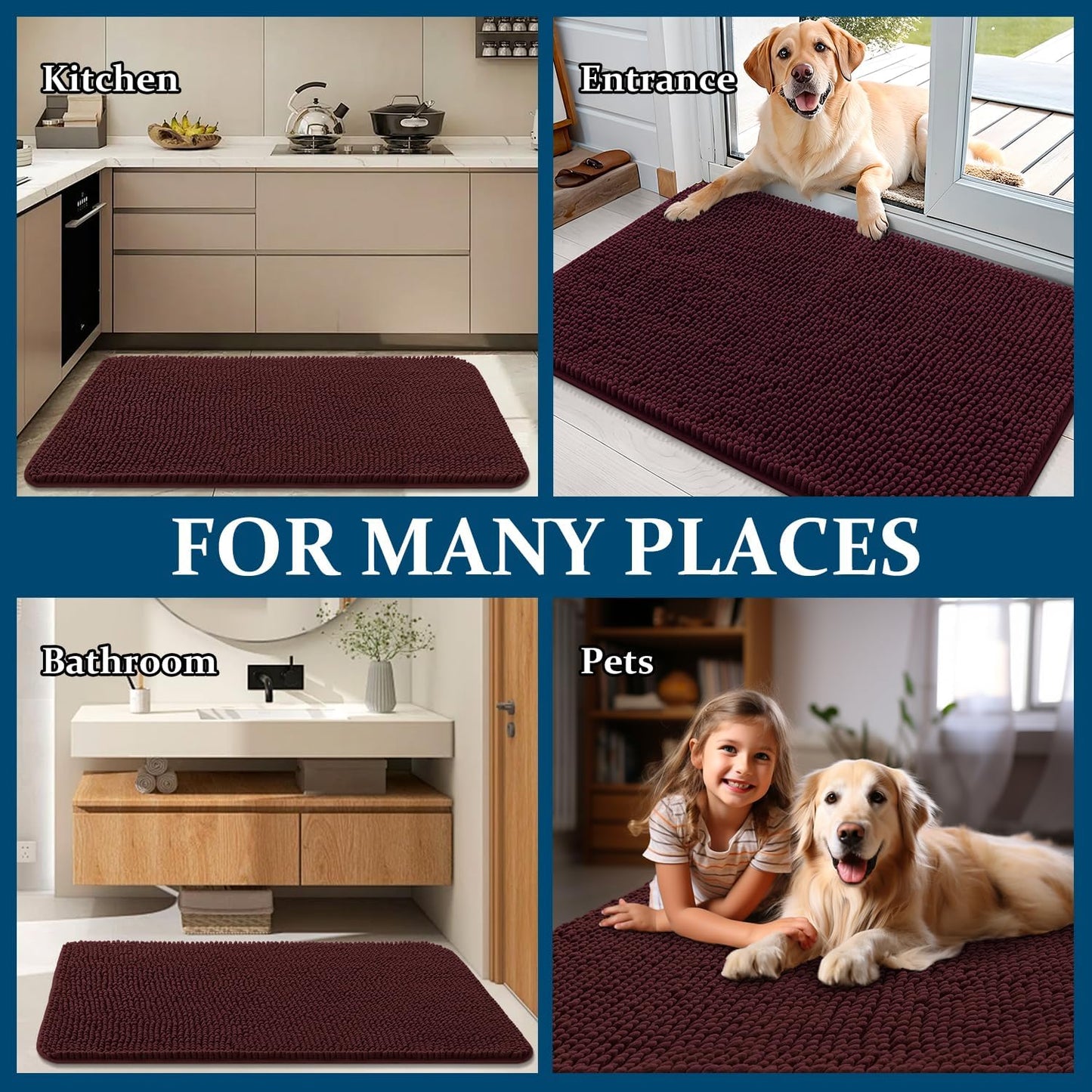 OLANLY Dog Door Mat - Absorbent Non-Slip Chenille Mat for Muddy Paws | 47x17 Inches, Quick Dry, Russet