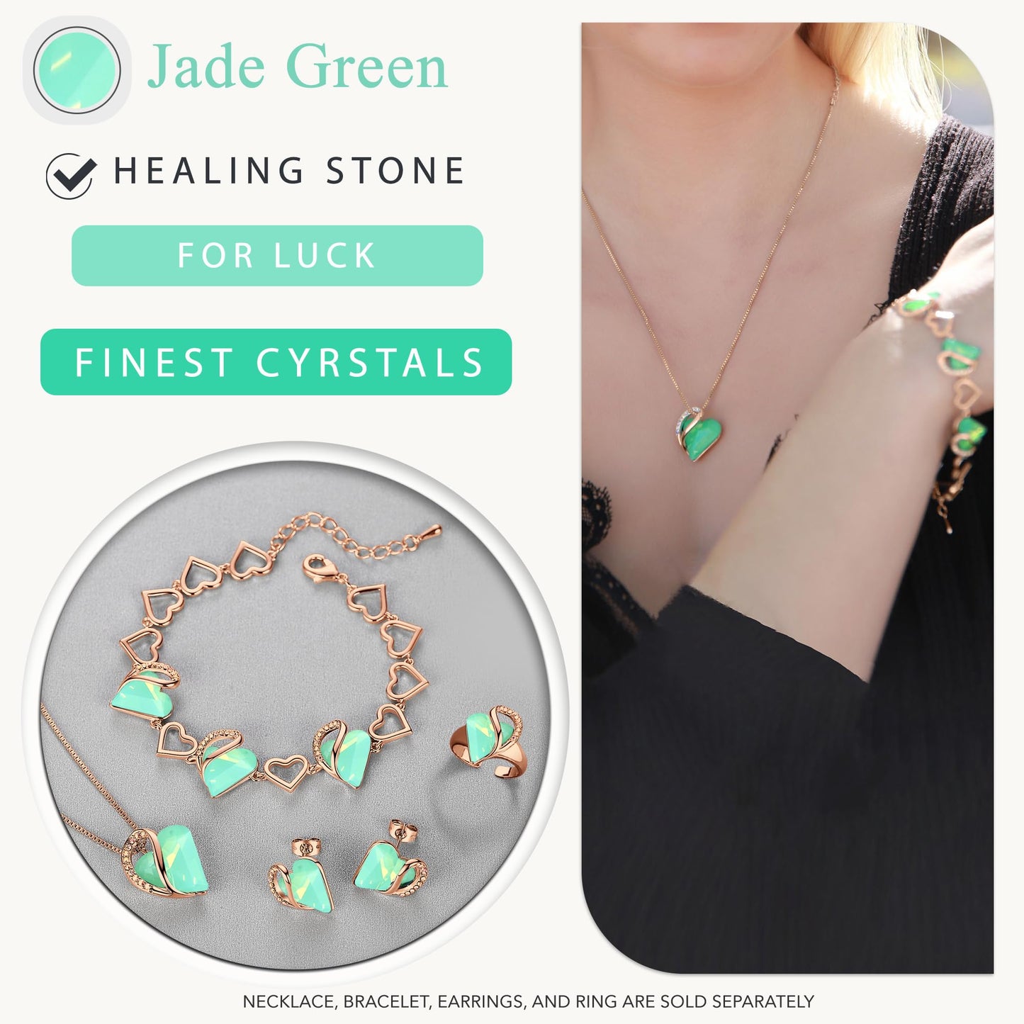 Leafael Gifts for Women Rose Gold Plated Necklaces: Heart Shaped Jade Green Healing Crystal, Cubic Zirconia, Hypoallergenic Chain (18"+2"), Jewelry for Anniversaries and Birthdays