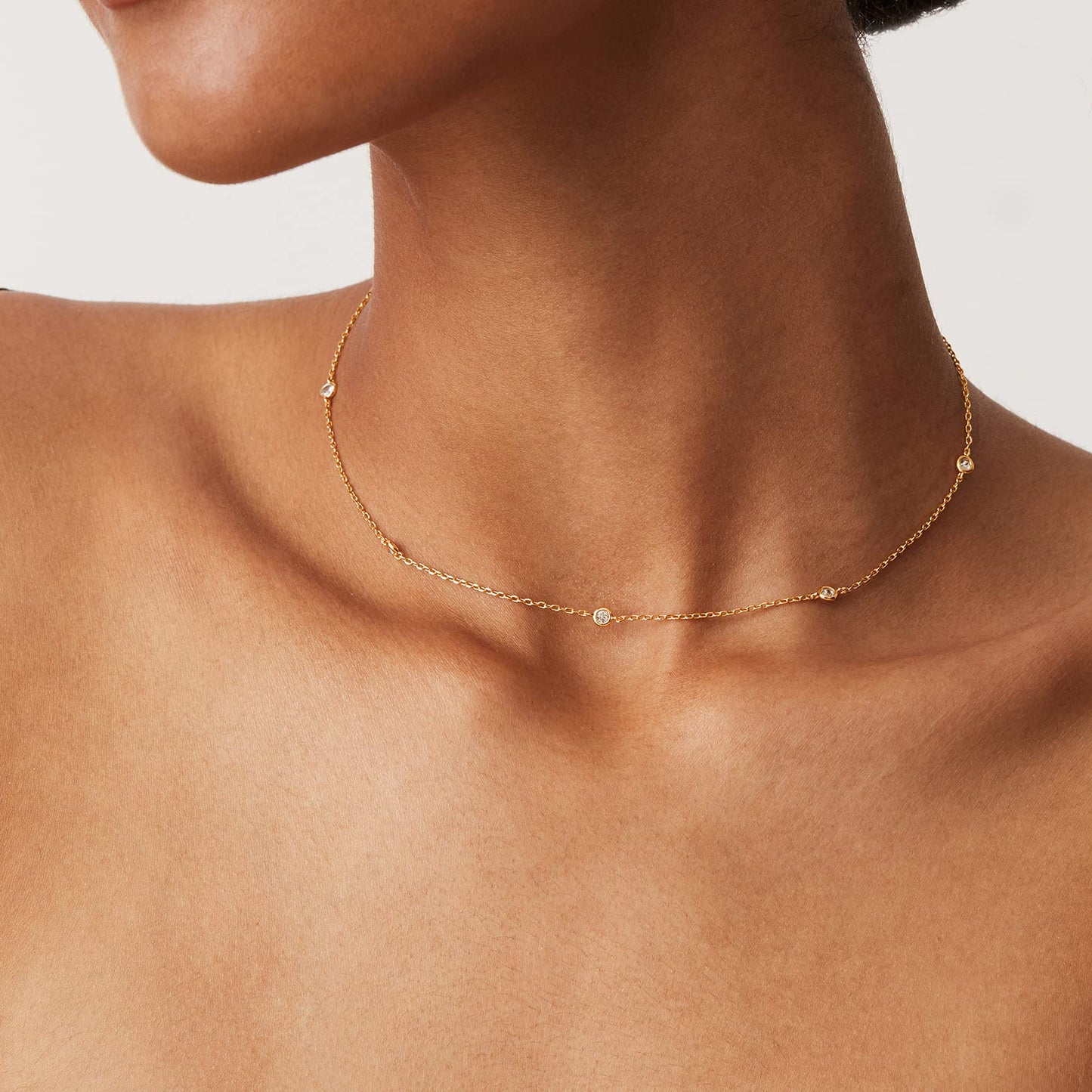 PAVOI 14K Yellow Gold Plated Station Chain Necklaces for Women - Dainty Simulated Diamond Necklace - Layering Cubic Zirconia Chain