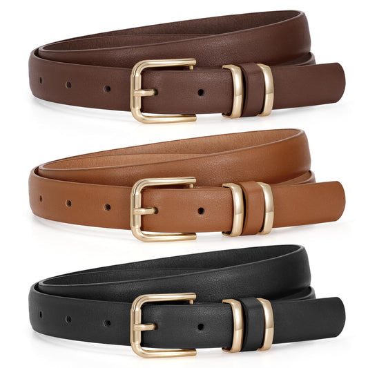 JASGOOD 3 Pack Chocolate Brown Belts for Women Leather Belts for Jeans Pants Ladies Waist Belt Fashion Chocolate Brown Belt with Gold Buckle