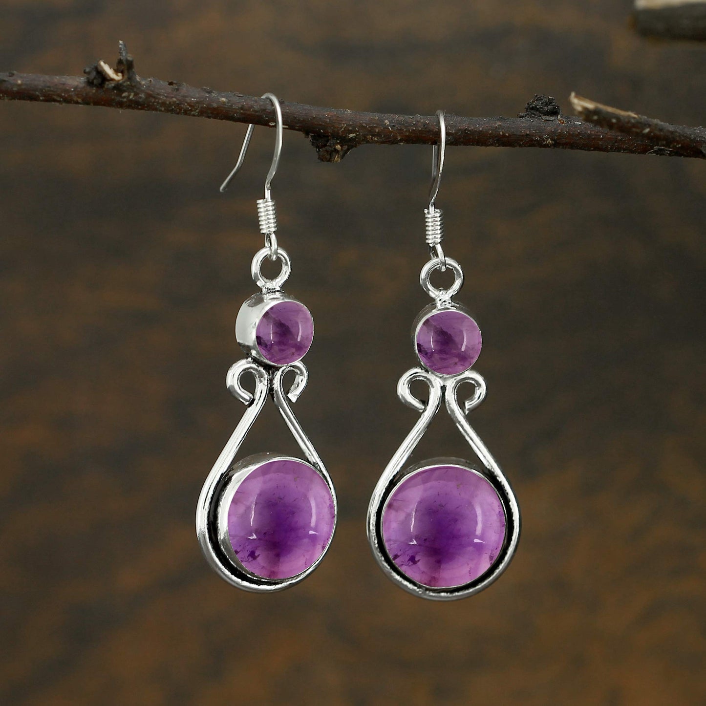 Natural Amethyst Silver Plated Dangle Earrings for Women - February Birthstone Round Gemstones Drop Earrings Handmade Jewelry - Valentine's Day Gift for Love