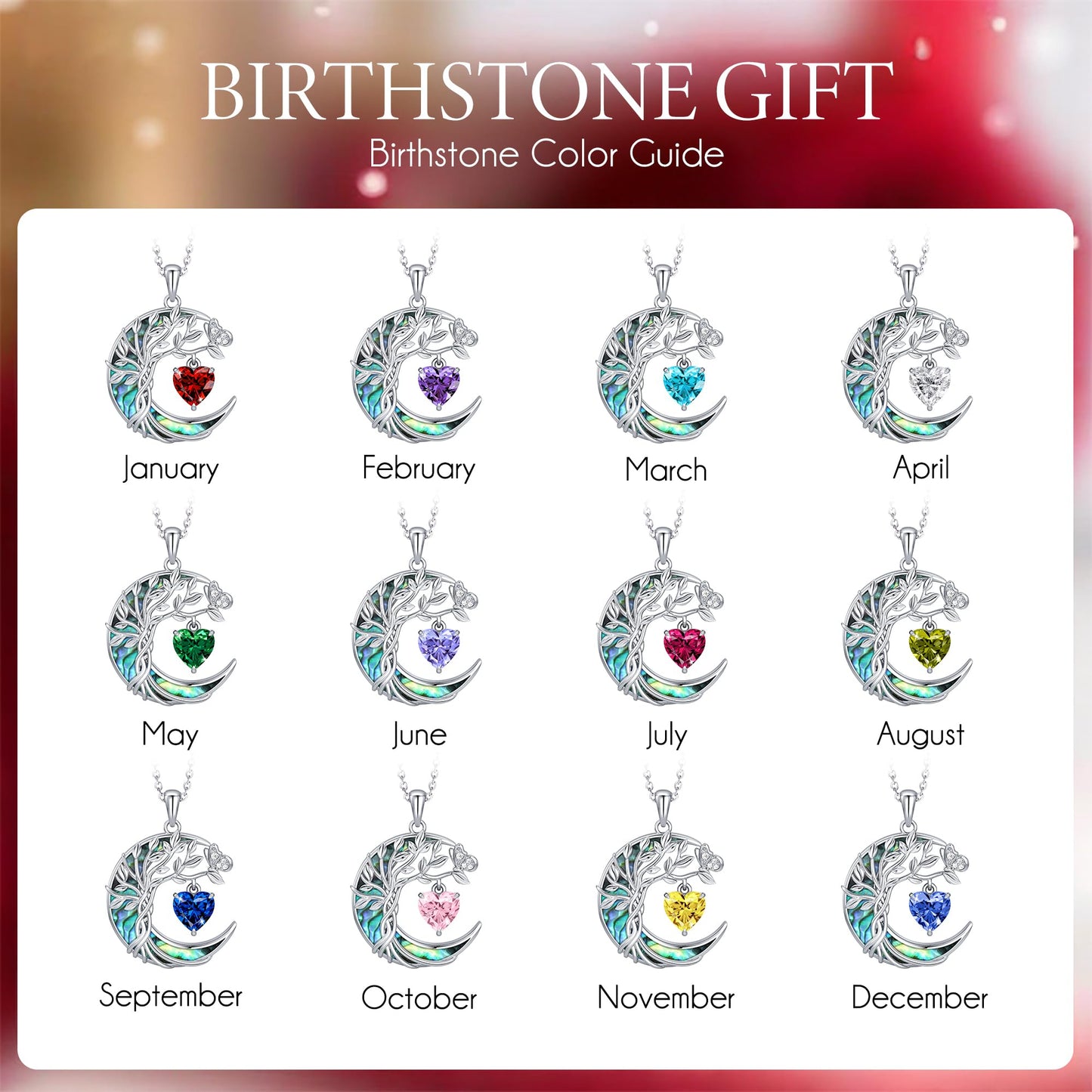 Distance Tree of Life Birthstone Necklace for Women, S925 Sterling Silver Premium Abalone Shell Moon Pendant December Heart Birthstone Necklace, Tanzanite Jewelry Christmas Birthday Gifts for Her Wife